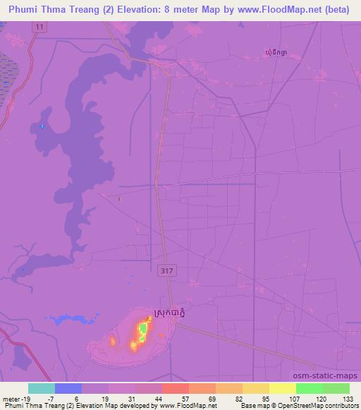 Phumi Thma Treang (2),Cambodia Elevation Map