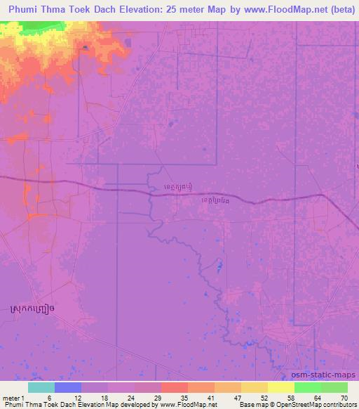 Phumi Thma Toek Dach,Cambodia Elevation Map