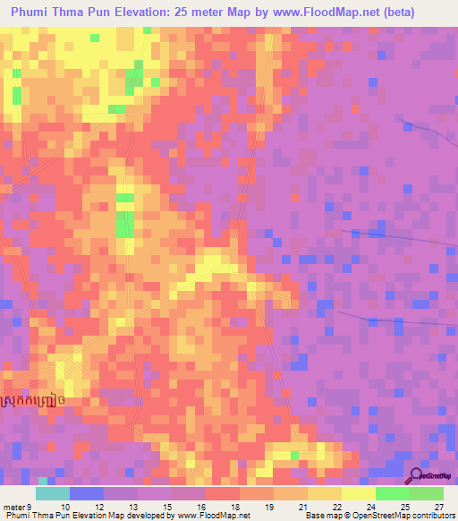 Phumi Thma Pun,Cambodia Elevation Map