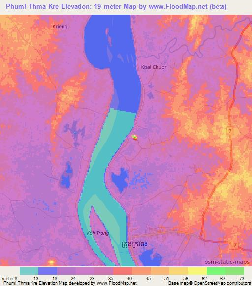 Phumi Thma Kre,Cambodia Elevation Map