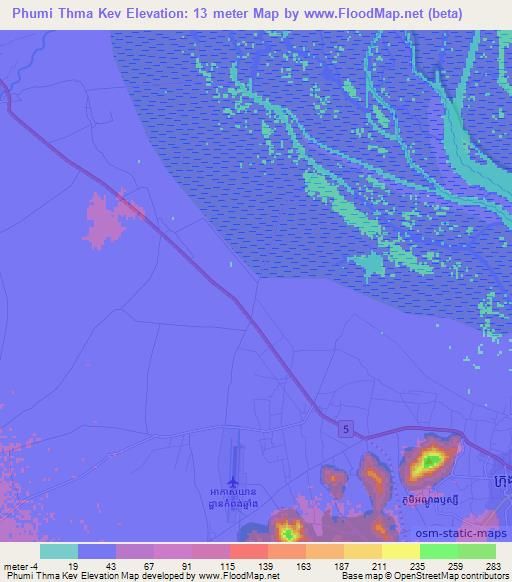 Phumi Thma Kev,Cambodia Elevation Map