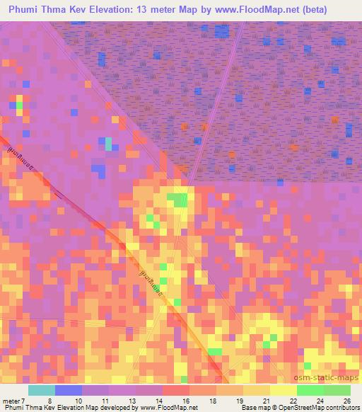 Phumi Thma Kev,Cambodia Elevation Map