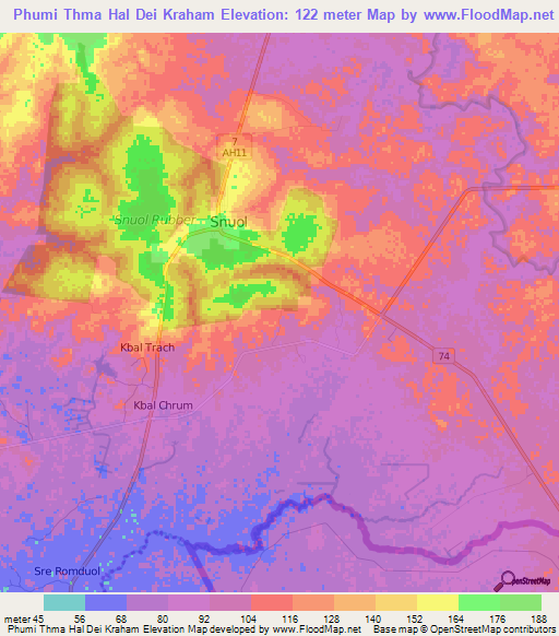 Phumi Thma Hal Dei Kraham,Cambodia Elevation Map