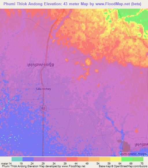Phumi Thlok Andong,Cambodia Elevation Map