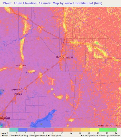 Phumi Thlav,Cambodia Elevation Map