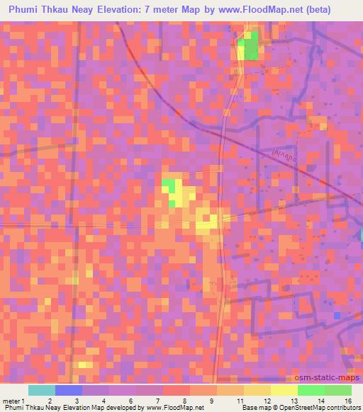 Phumi Thkau Neay,Cambodia Elevation Map