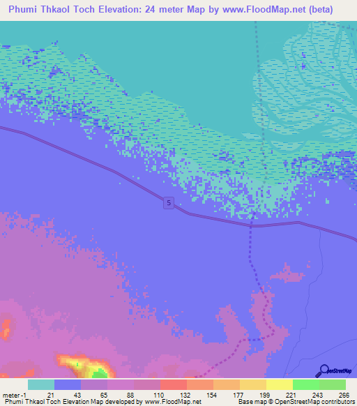 Phumi Thkaol Toch,Cambodia Elevation Map