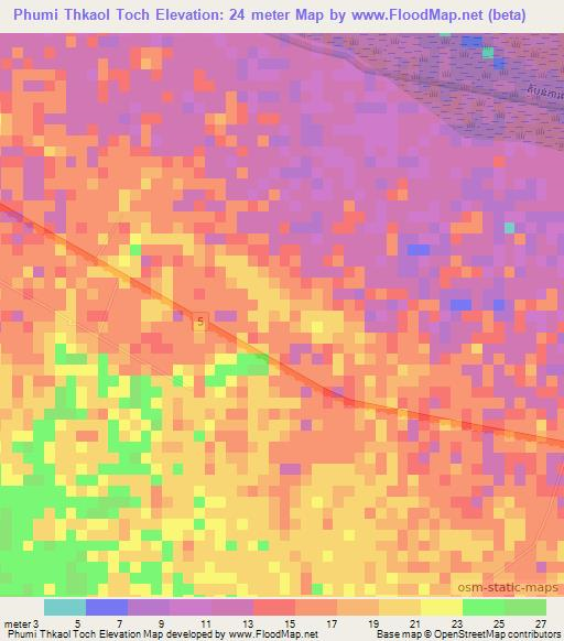 Phumi Thkaol Toch,Cambodia Elevation Map