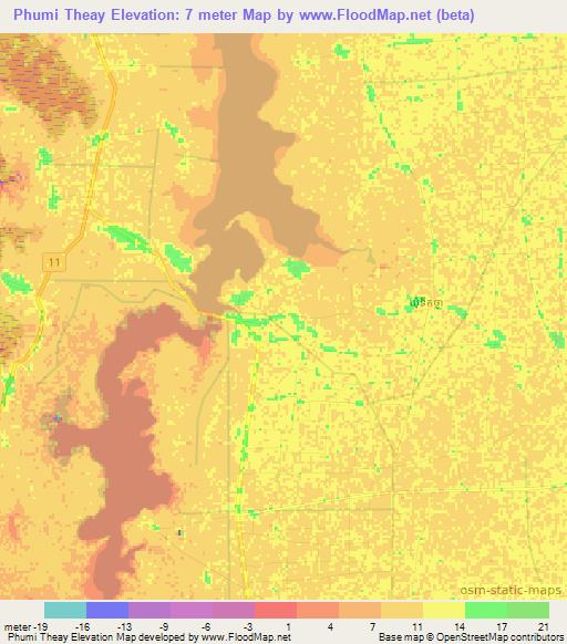 Phumi Theay,Cambodia Elevation Map