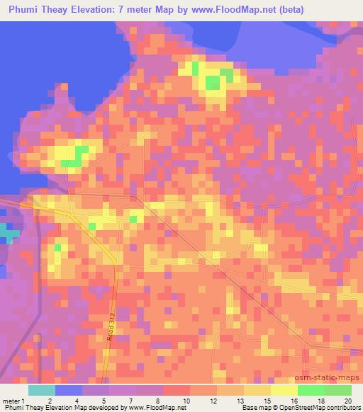 Phumi Theay,Cambodia Elevation Map