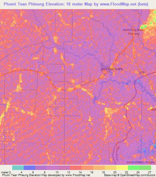 Phumi Tean Phleung,Cambodia Elevation Map