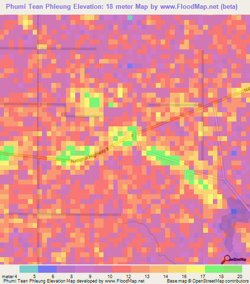 Phumi Tean Phleung,Cambodia Elevation Map