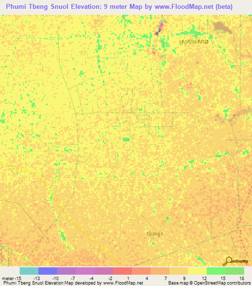 Phumi Tbeng Snuol,Cambodia Elevation Map