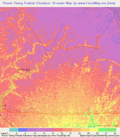 Phumi Tbeng Prakieb,Cambodia Elevation Map