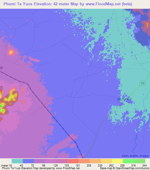 Phumi Ta Yuos,Cambodia Elevation Map
