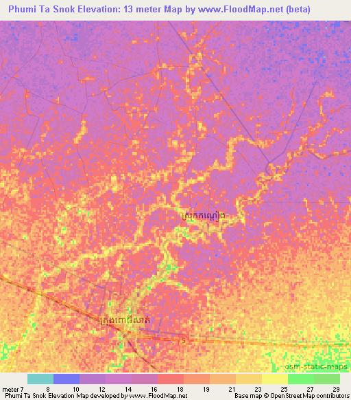 Phumi Ta Snok,Cambodia Elevation Map