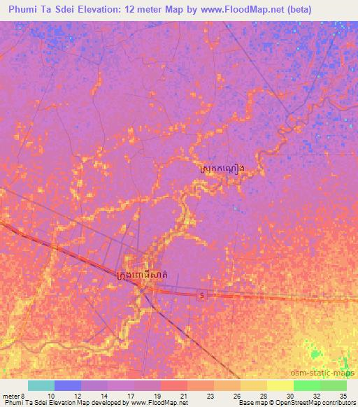 Phumi Ta Sdei,Cambodia Elevation Map