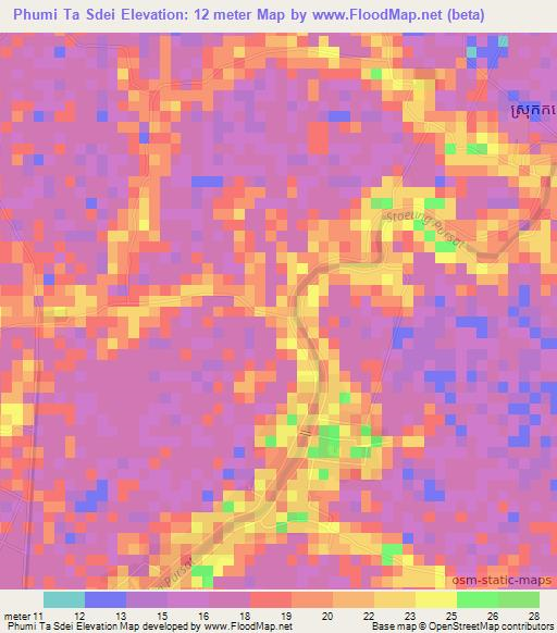 Phumi Ta Sdei,Cambodia Elevation Map