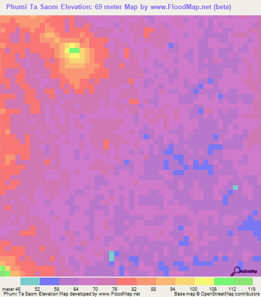 Phumi Ta Saom,Cambodia Elevation Map