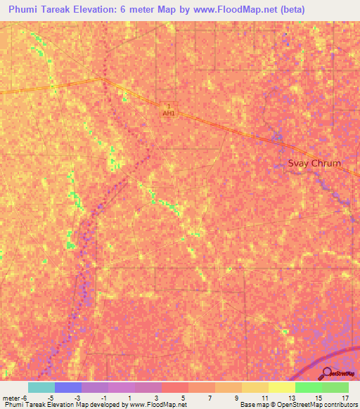 Phumi Tareak,Cambodia Elevation Map
