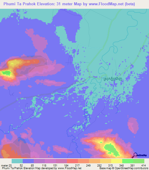 Phumi Ta Prahok,Cambodia Elevation Map