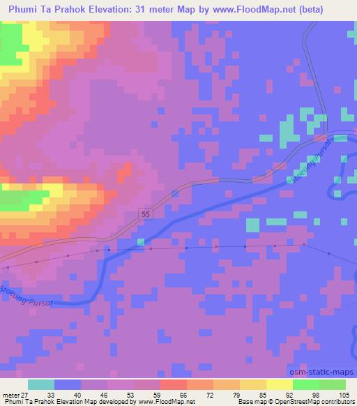 Phumi Ta Prahok,Cambodia Elevation Map