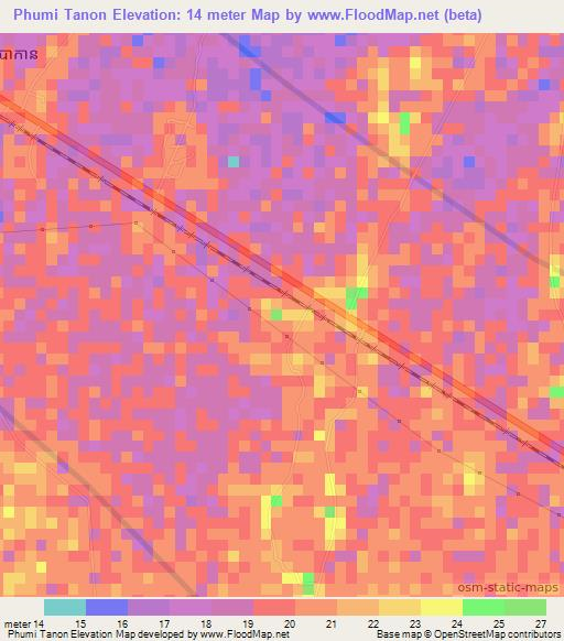 Phumi Tanon,Cambodia Elevation Map