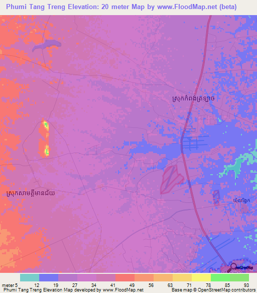 Phumi Tang Treng,Cambodia Elevation Map