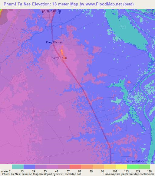 Phumi Ta Nes,Cambodia Elevation Map