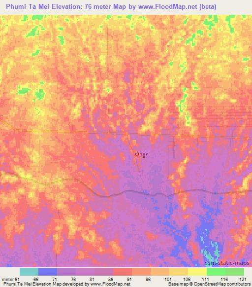 Phumi Ta Mei,Cambodia Elevation Map
