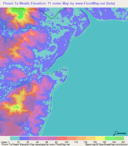 Phumi Ta Meakh,Cambodia Elevation Map