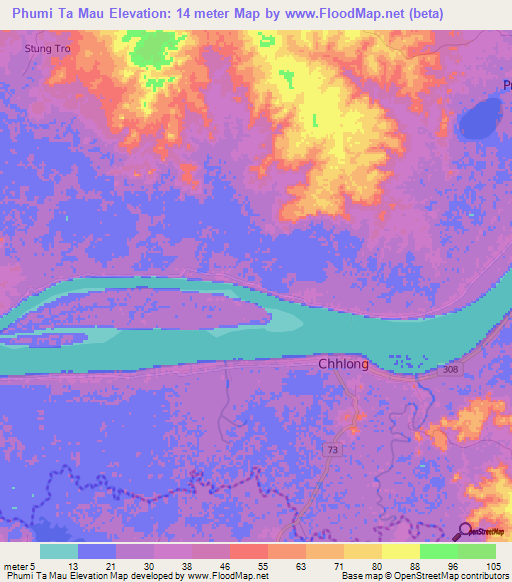 Phumi Ta Mau,Cambodia Elevation Map