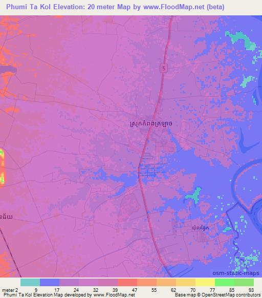 Phumi Ta Kol,Cambodia Elevation Map