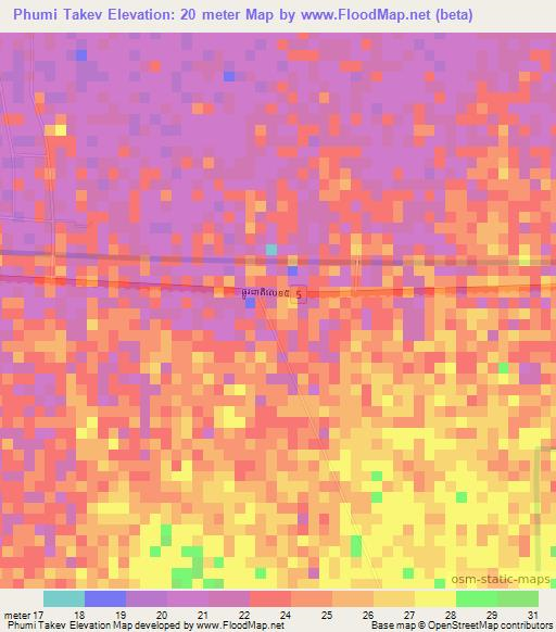 Phumi Takev,Cambodia Elevation Map