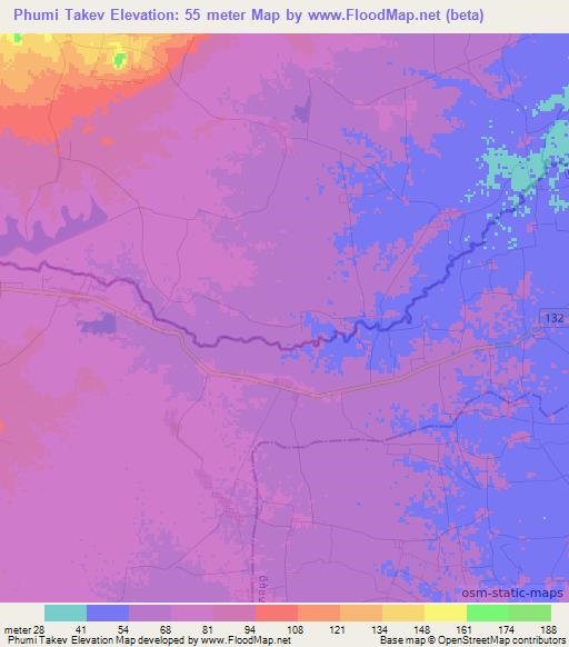 Phumi Takev,Cambodia Elevation Map