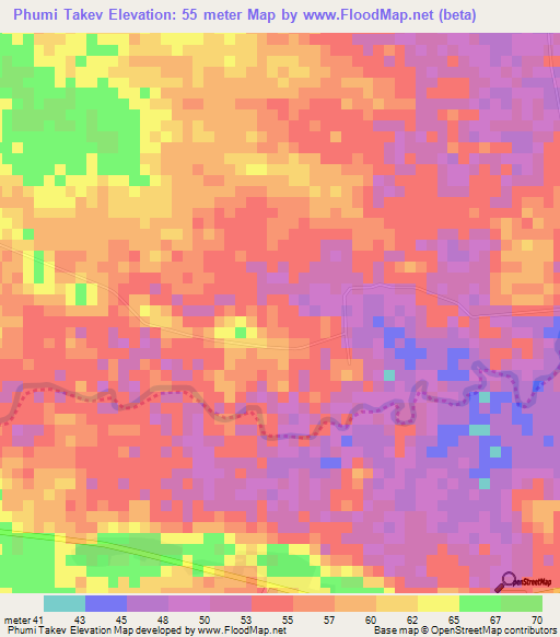 Phumi Takev,Cambodia Elevation Map