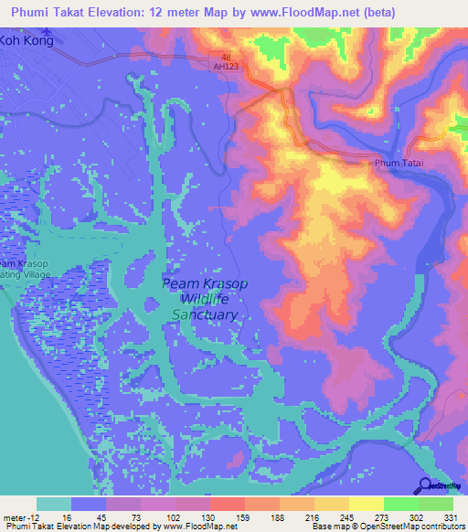 Phumi Takat,Cambodia Elevation Map