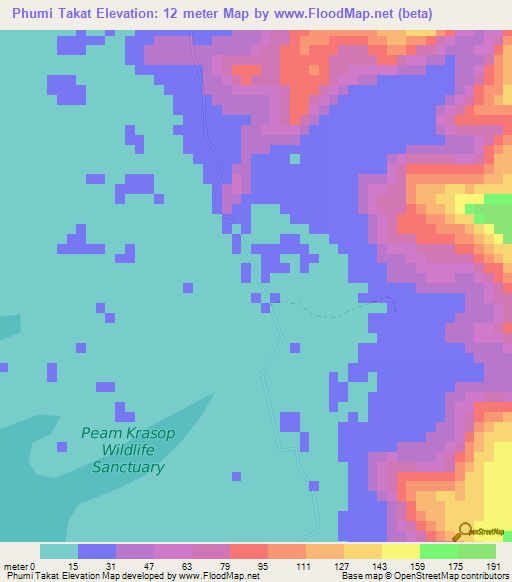 Phumi Takat,Cambodia Elevation Map