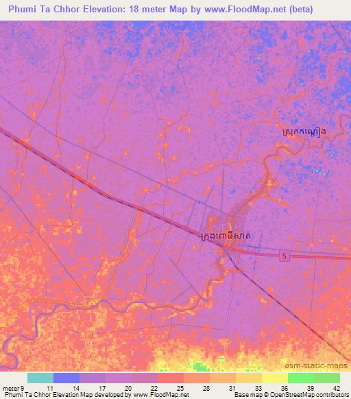 Phumi Ta Chhor,Cambodia Elevation Map