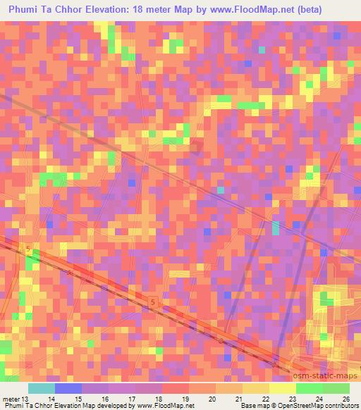 Phumi Ta Chhor,Cambodia Elevation Map