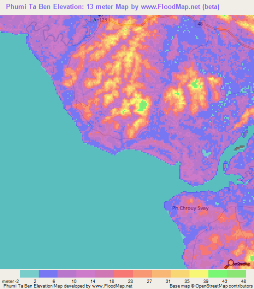 Phumi Ta Ben,Cambodia Elevation Map