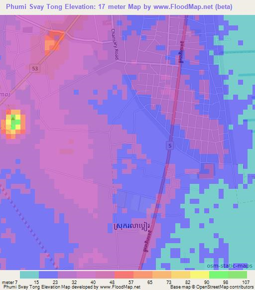 Phumi Svay Tong,Cambodia Elevation Map