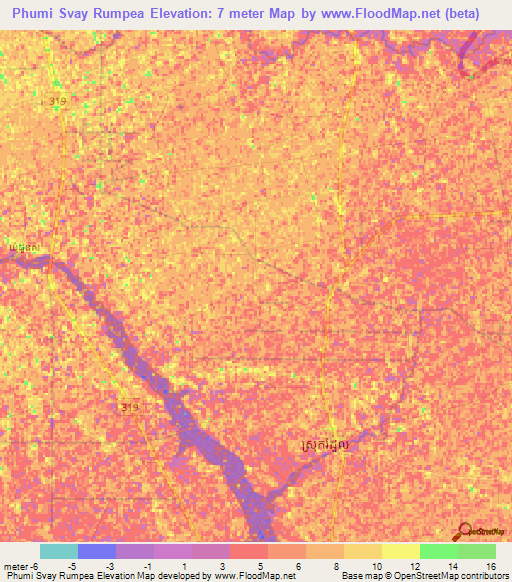 Phumi Svay Rumpea,Cambodia Elevation Map