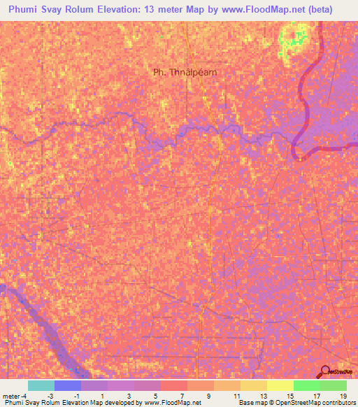 Phumi Svay Rolum,Cambodia Elevation Map