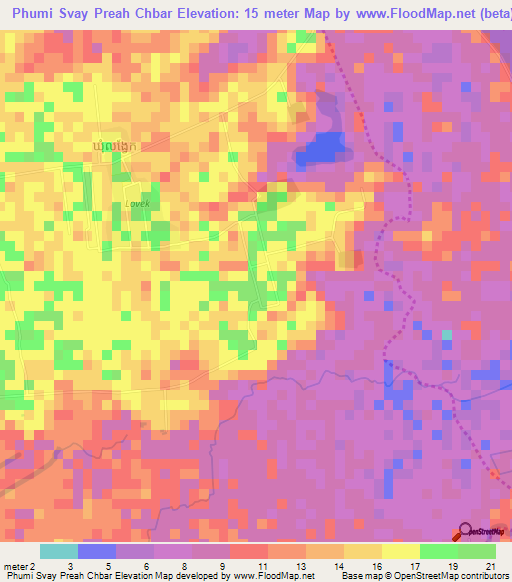 Phumi Svay Preah Chbar,Cambodia Elevation Map