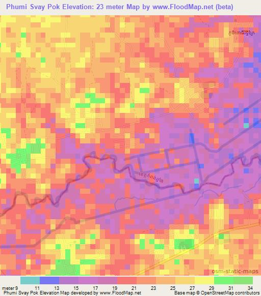 Phumi Svay Pok,Cambodia Elevation Map