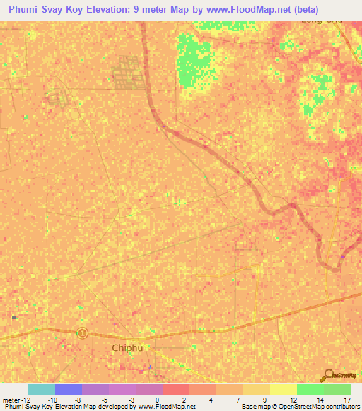 Phumi Svay Koy,Cambodia Elevation Map