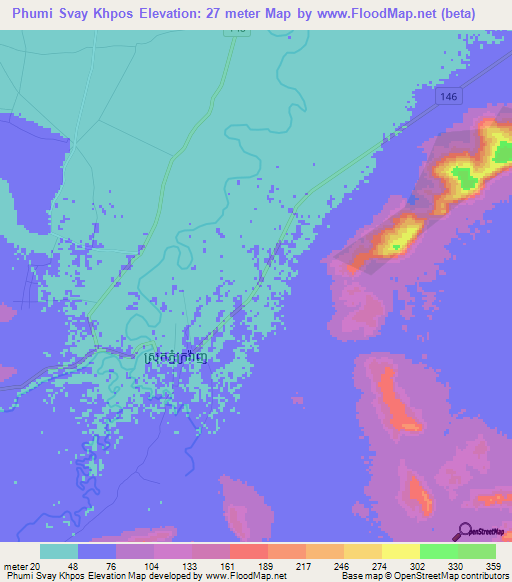 Phumi Svay Khpos,Cambodia Elevation Map