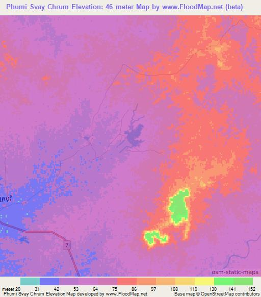 Phumi Svay Chrum,Cambodia Elevation Map