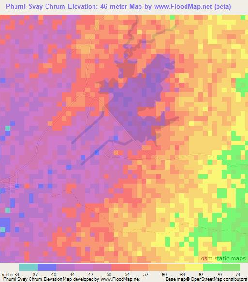 Phumi Svay Chrum,Cambodia Elevation Map